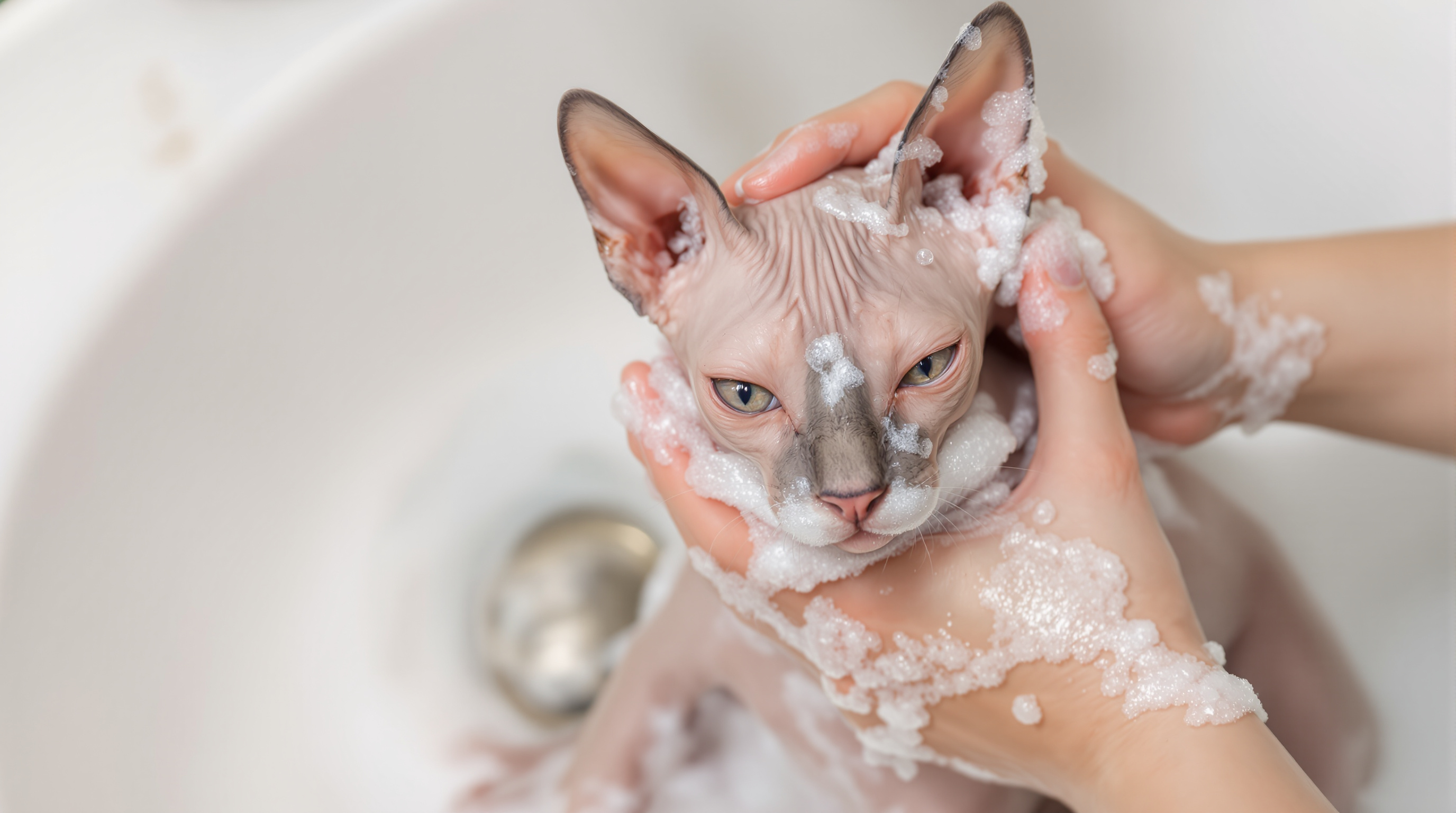 Hairless cat being bathed properly