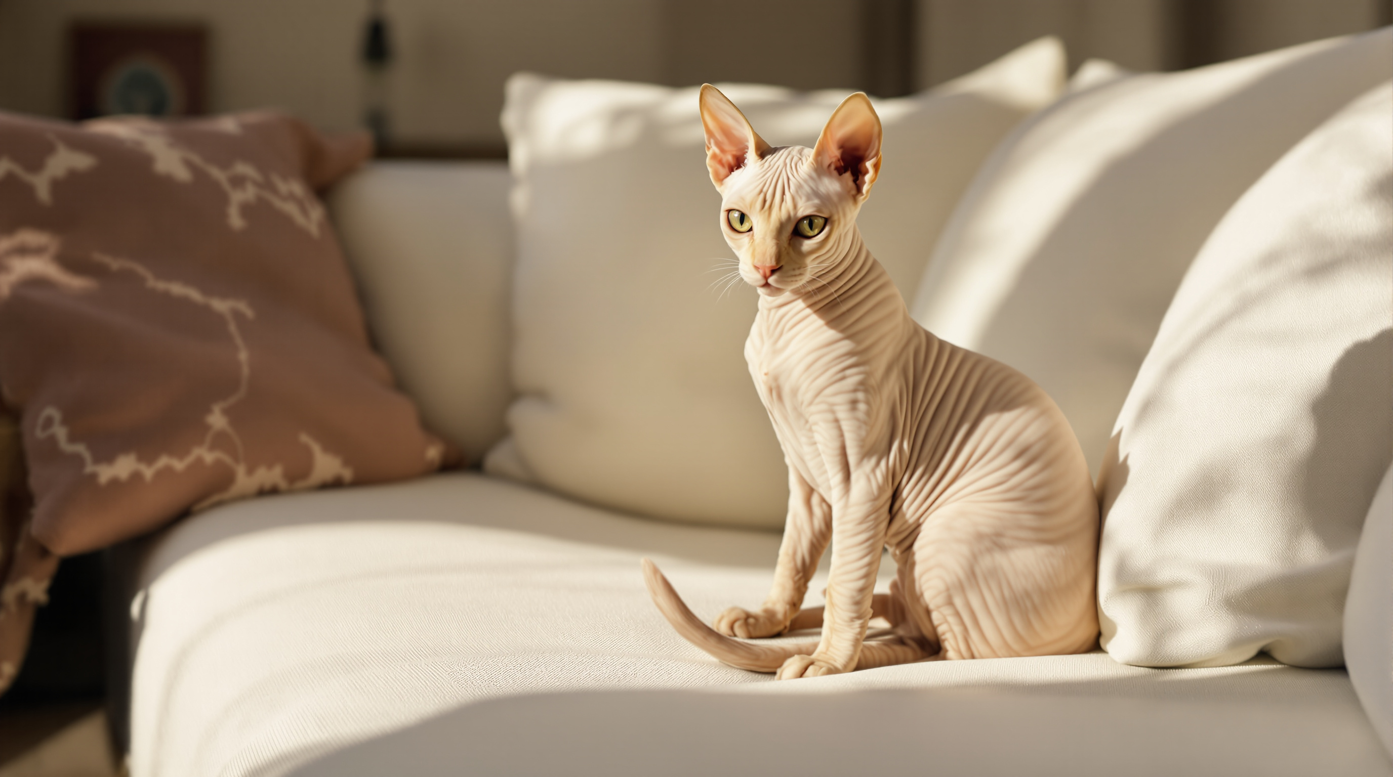 Sphynx cat sitting on white couch