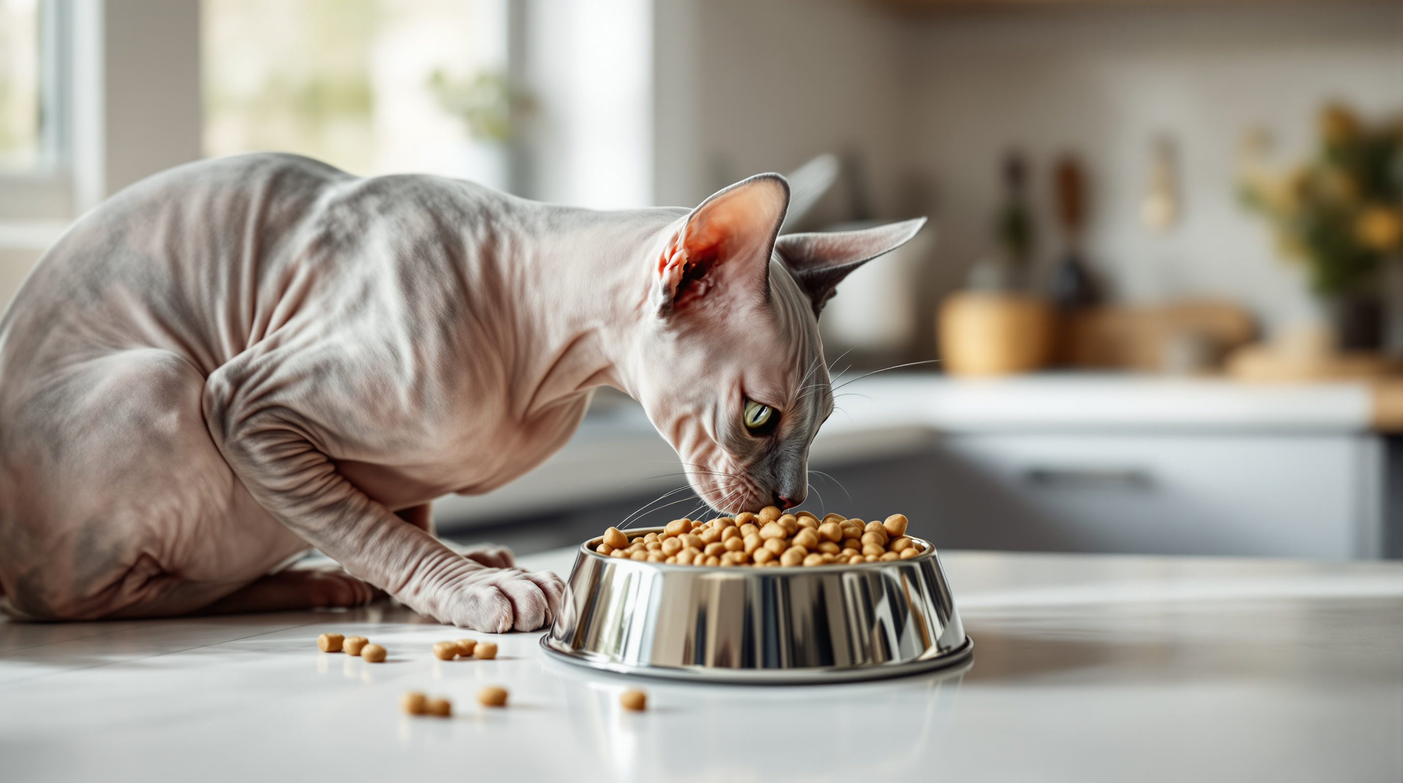Sphynx cat eating from premium food bowl