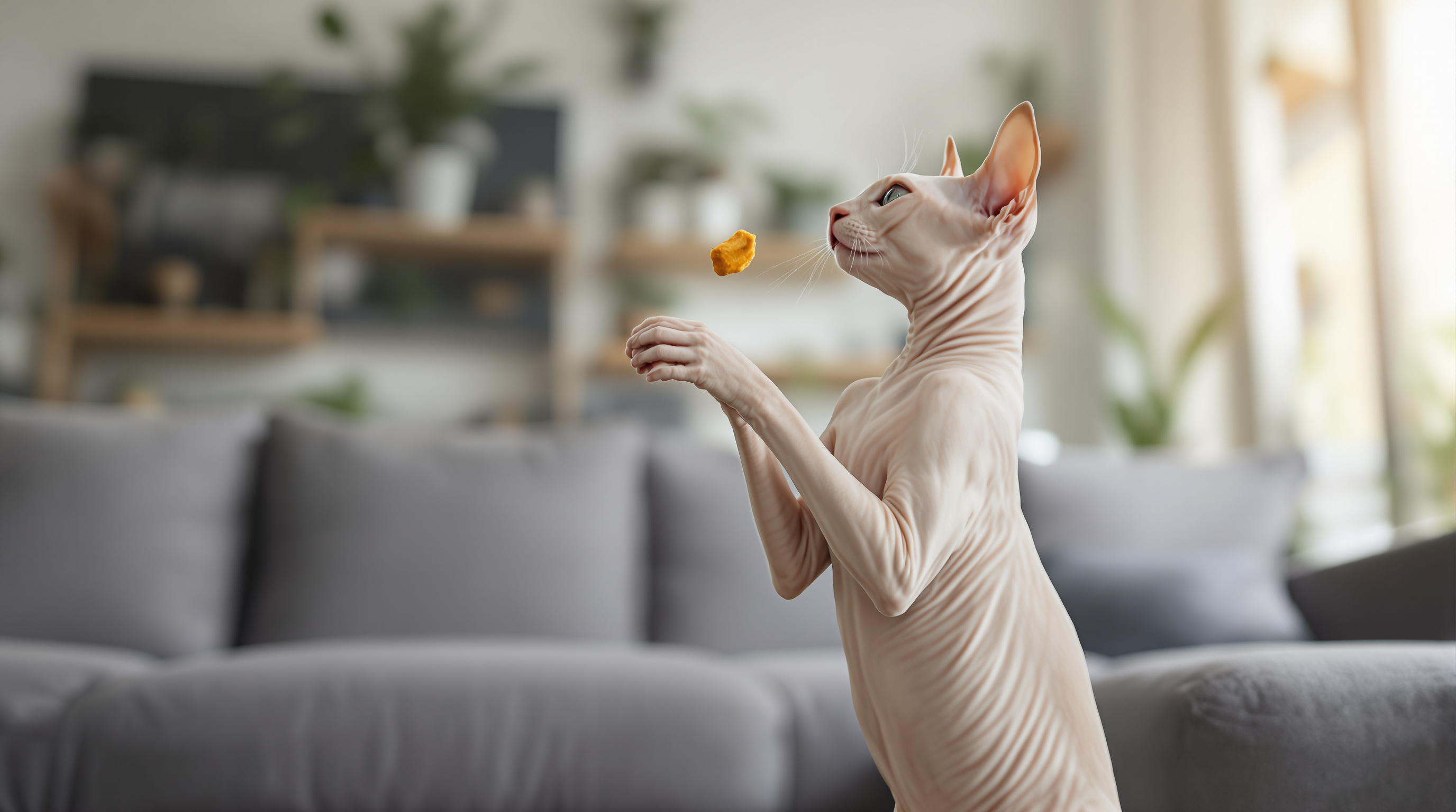 Sphynx cat performing a trick during training session